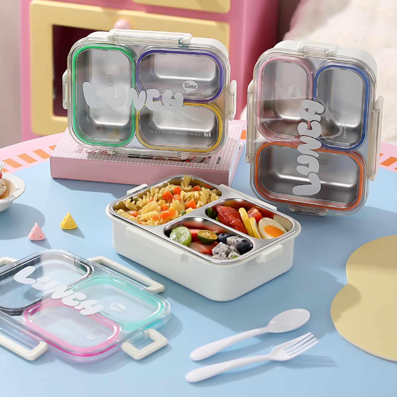 Food Snacks For School - กล่องอาหารกลางวันสแตนเลสแบบแบ่งช่อง ป้องกันการรั่วซึม กล่องขนมสำหรับเด็กนักเรียน พร้อมชุดช้อนส้อม กล่องอาหารกลางวันแบบพกพาสำหรับสำนักงาน สำหรับเก็บอาหาร