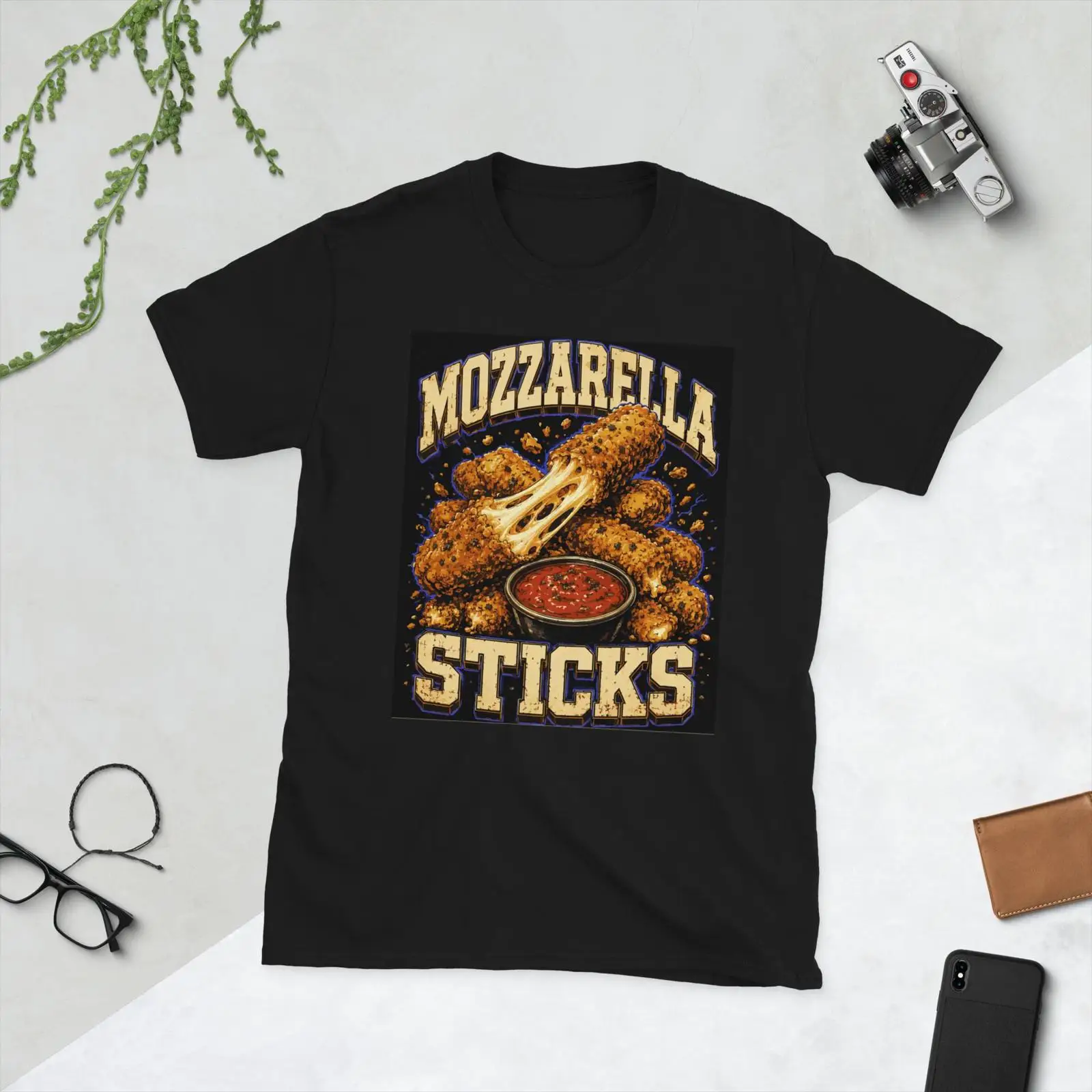 Foody Snacks - เสื้อยืดคนรักขนมย้อนยุค ลายมอสซาเรลล่าสติ๊ก อาหารทอดตลกๆ สำหรับคนรักอาหาร ลายมีมวินเทจ ผ้าซักแล้ว
