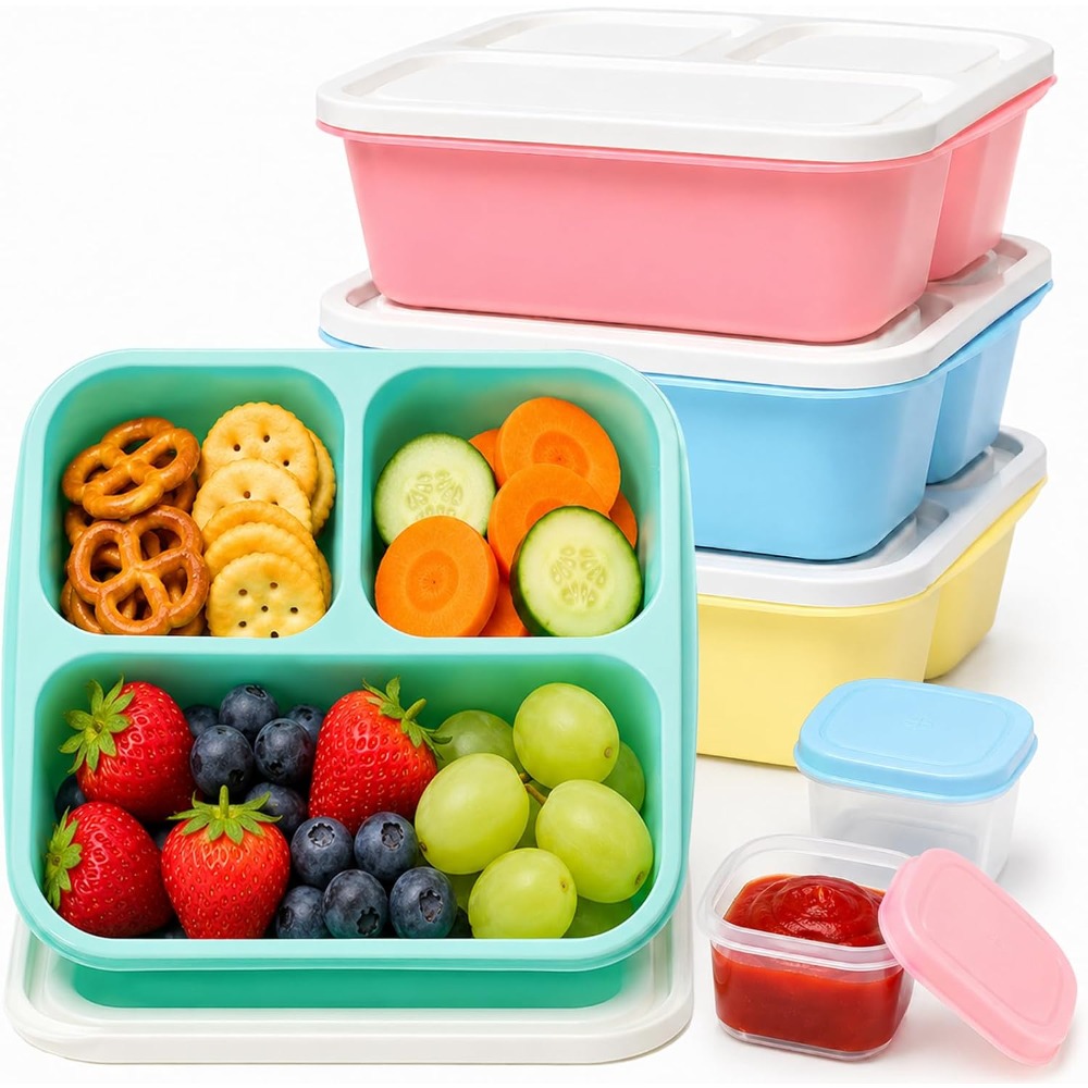 Food Snacks For School - กล่องอาหารเบนโตะ 3 ช่องสำหรับผู้ใหญ่ ภาชนะใส่ขนมแบบใช้ซ้ำได้ ซ้อนกันได้ ป้องกันการรั่วซึม