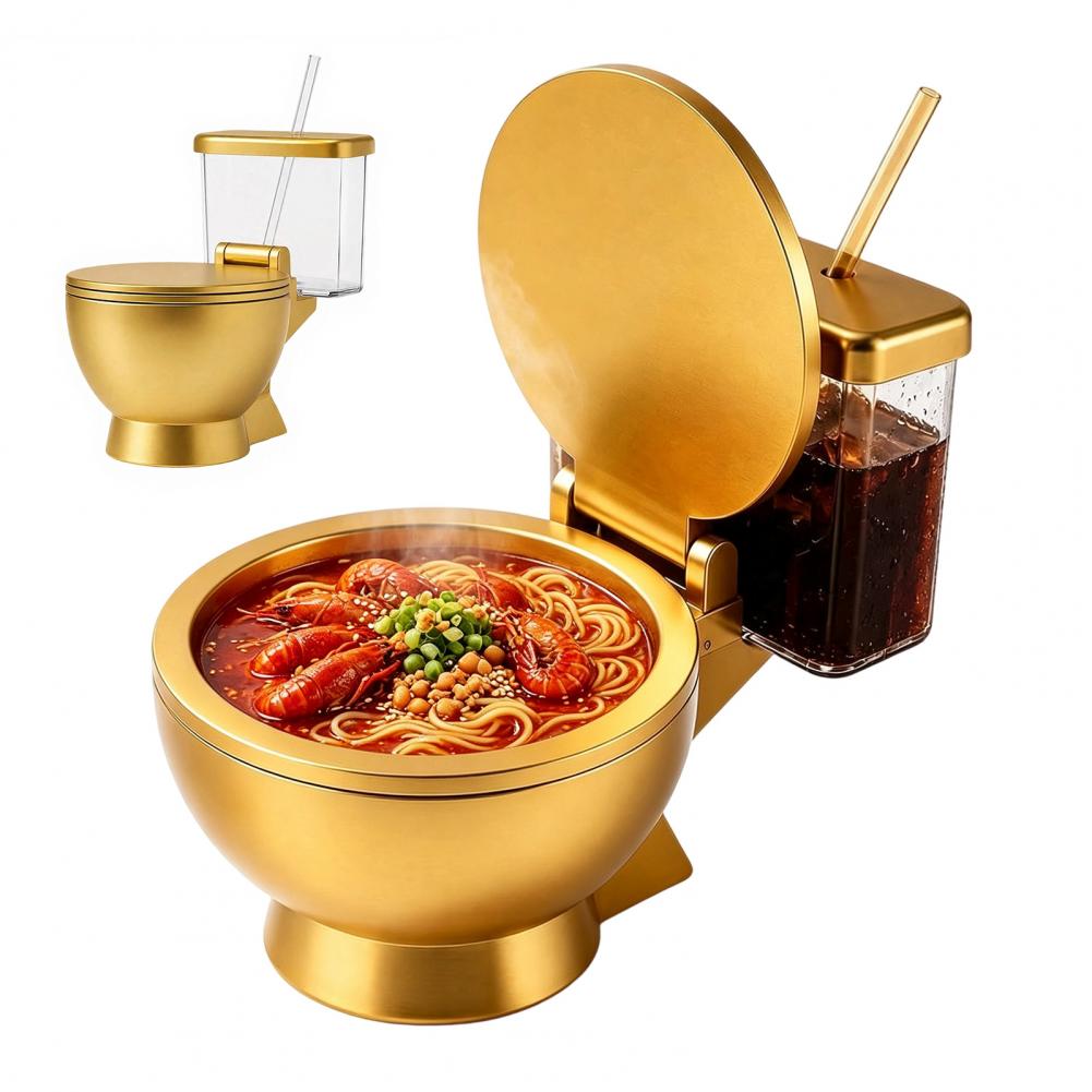 Food Drink Snacks - ชุดชามราเมนรูปโถสุขภัณฑ์ พร้อมแก้วน้ำและหลอดดูดในตัว ชามอาหารดีไซน์แปลกใหม่ สำหรับก๋วยเตี๋ยวซุปและของว่าง