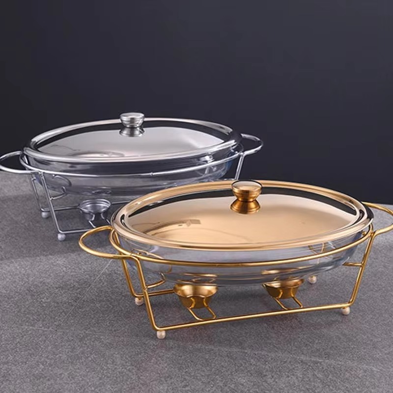 Snacks Food Warmer - ถาดอุ่นอาหารแบบโชว์ กระจกสีทองและสแตนเลส ความจุ 3 ลิตร ใช้สำหรับเสิร์ฟขนม
