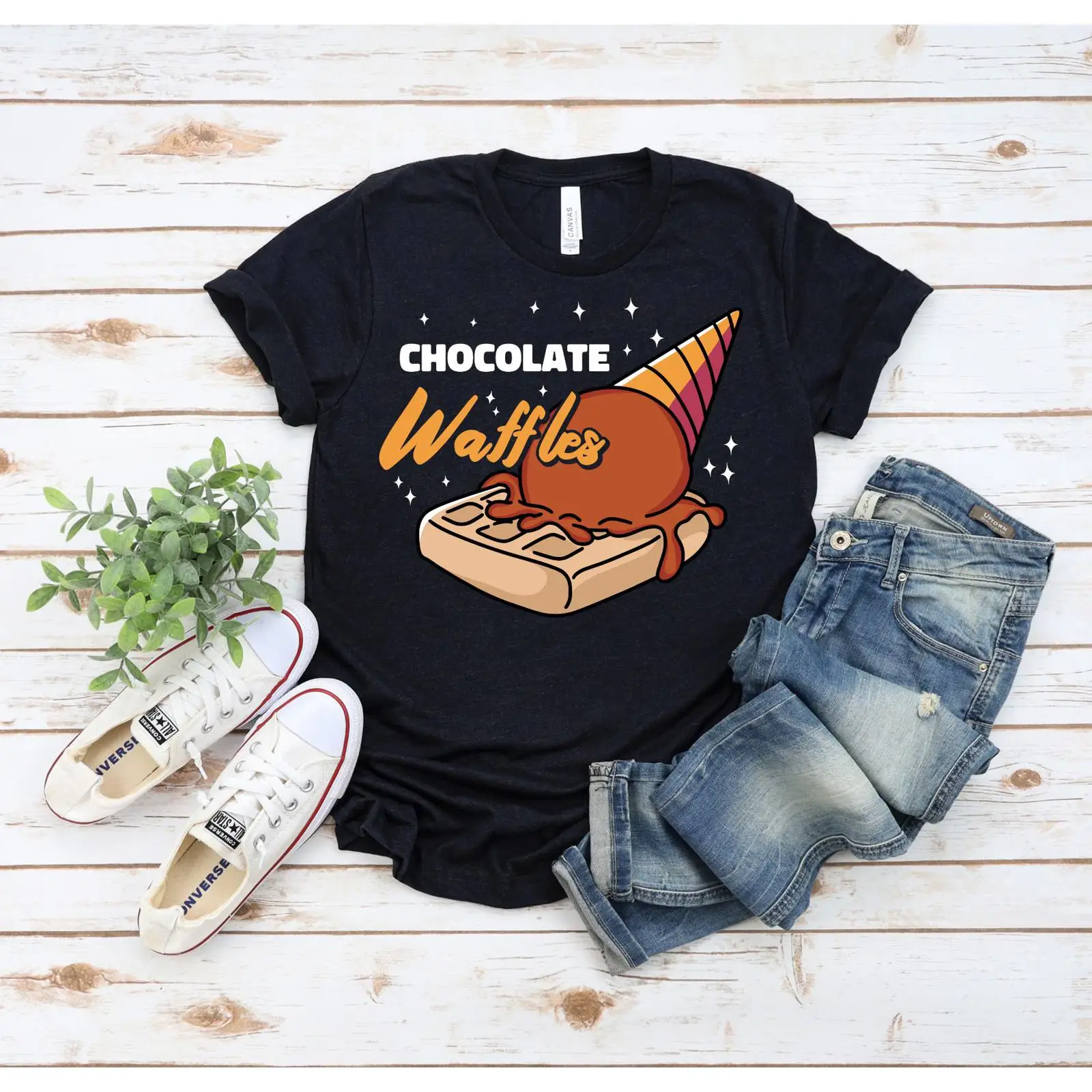 เสื้อยืดลายวาฟเฟิลและไอศกรีมช็ - Foody Snacks บทวิจารณ์และราคา